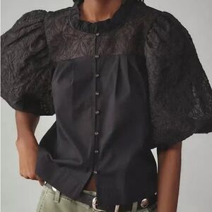 Anthropologie Maeve puff-sleeve embellished button front blouse